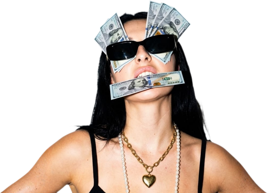 Woman in black sunglasses with banknotes tucked behind her glasses and between her lips