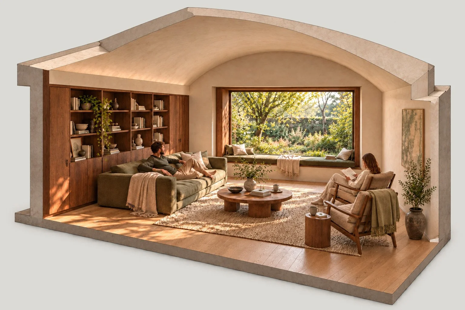 Atmospheric cutaway of the living study, showing furniture, material depth and the relationship between ceiling and daylight.