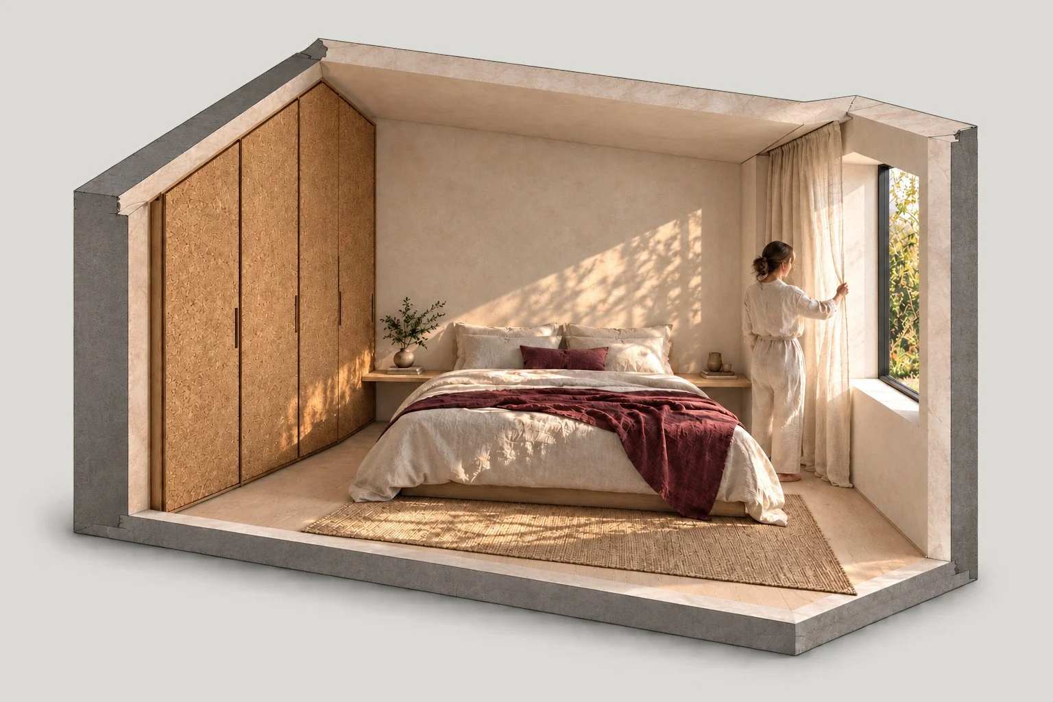 Atmospheric cutaway of the bedroom study, showing furniture, material depth and the relationship between ceiling and daylight.