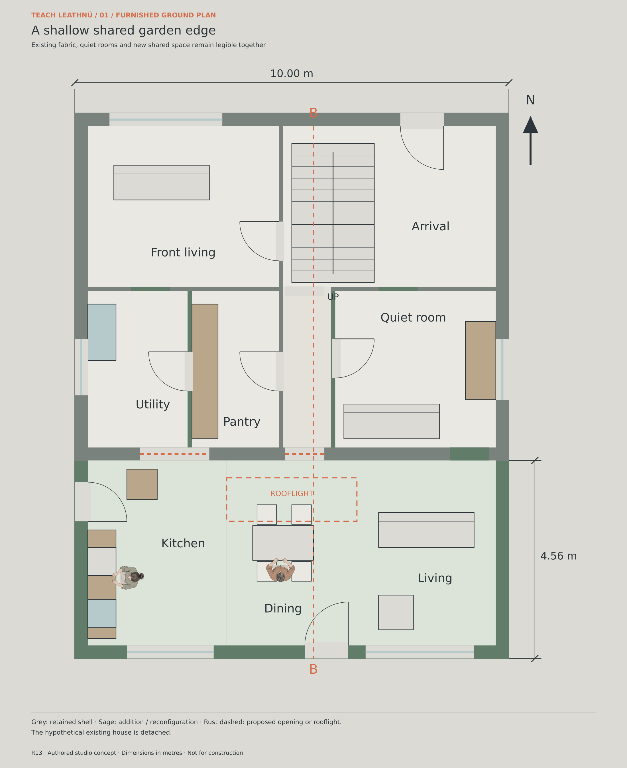 LEATH-01 furnished ground-floor plan with human figures for scale