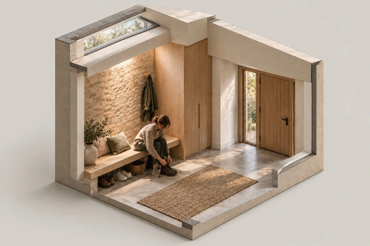 Atmospheric cutaway of the arrival study, showing furniture, material depth and the relationship between ceiling and daylight.