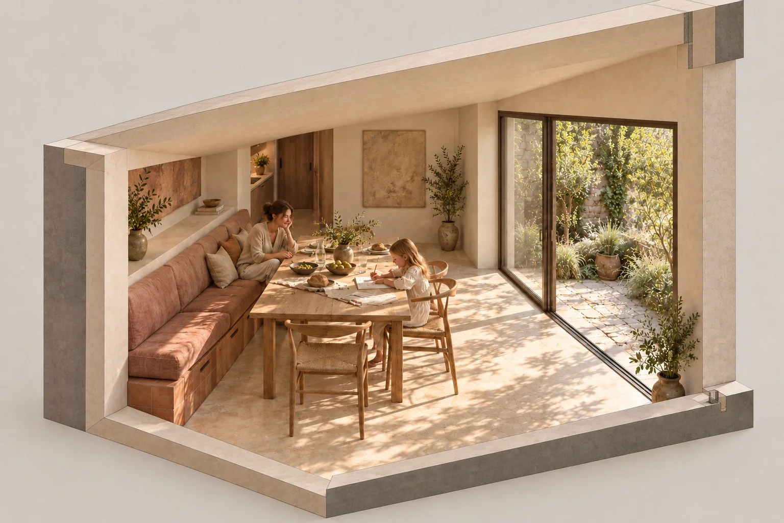 Atmospheric cutaway of the dining study, showing furniture, material depth and the relationship between ceiling and daylight.
