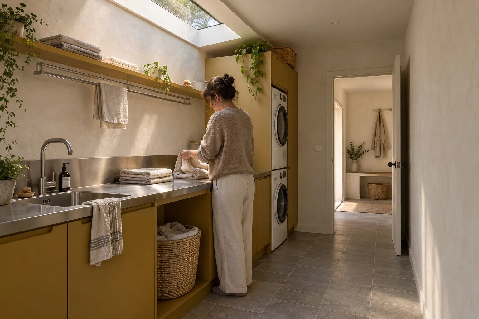 Utility architectural concept: Stacked laundry frees a rinsing and folding surface beneath a rooflight, with the route through kept to the opposite side.