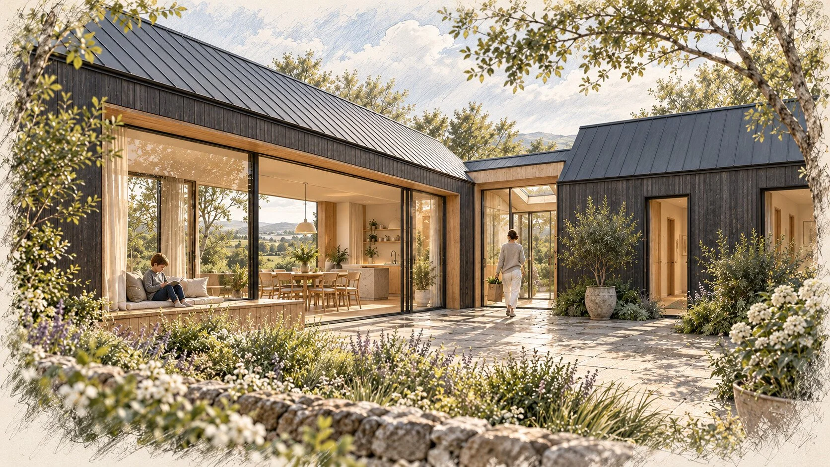 Two perpendicular timber wings joined by a rooflit indoor hinge, with an occupied garden window seat