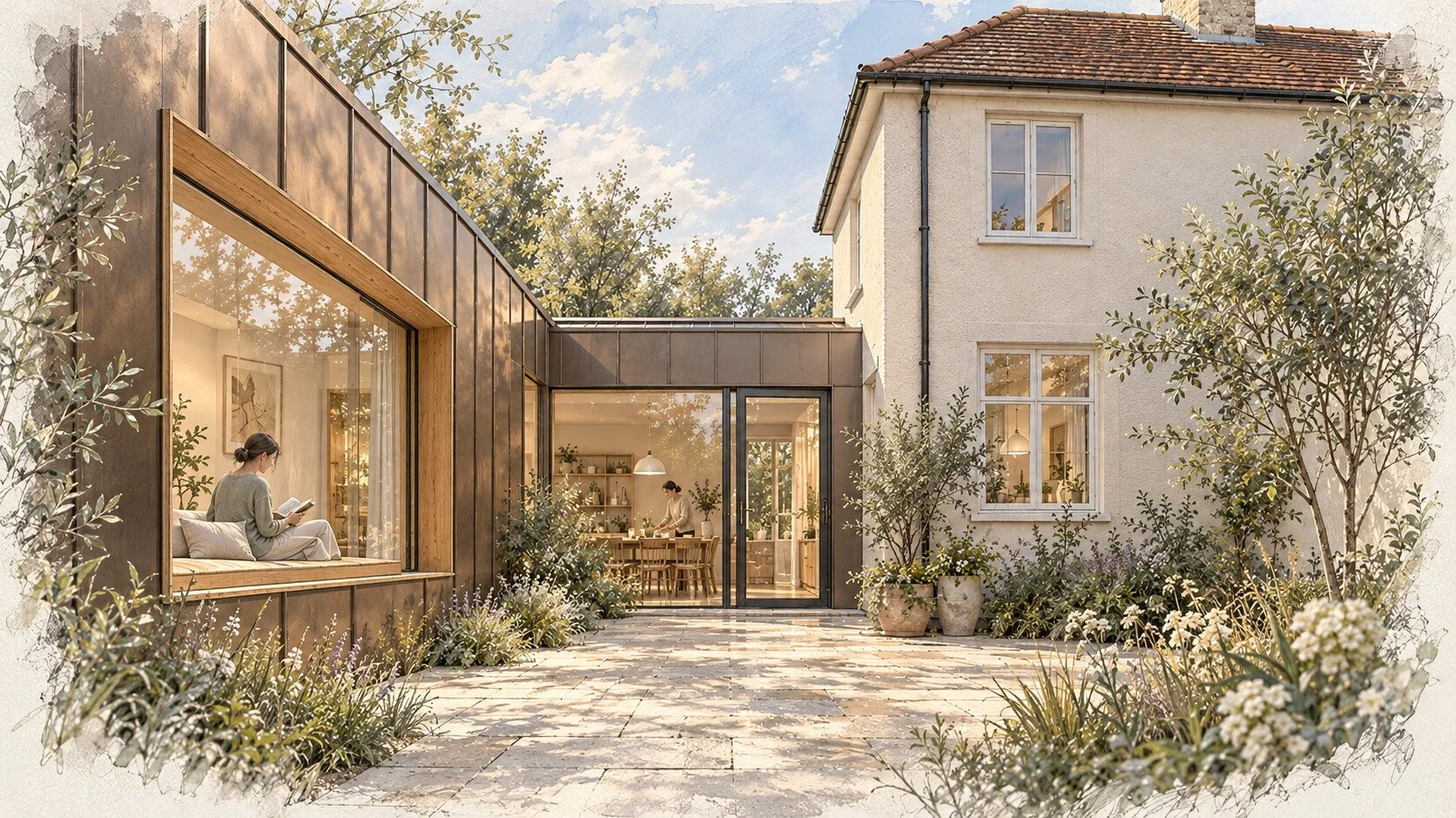 A bronze-clad extension with an indoor window seat facing a retained house window across an open pocket