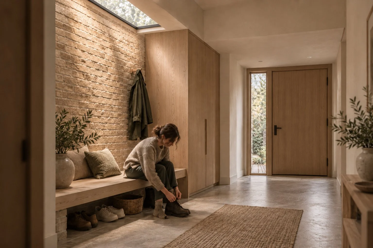 Arrival architectural concept: A brick sitting niche, a lower entrance ceiling and a pool of daylight turn arrival into a place to pause.