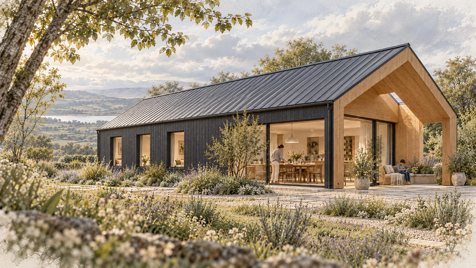 A dark timber long house with dining beside an outdoor oak-lined covered gable
