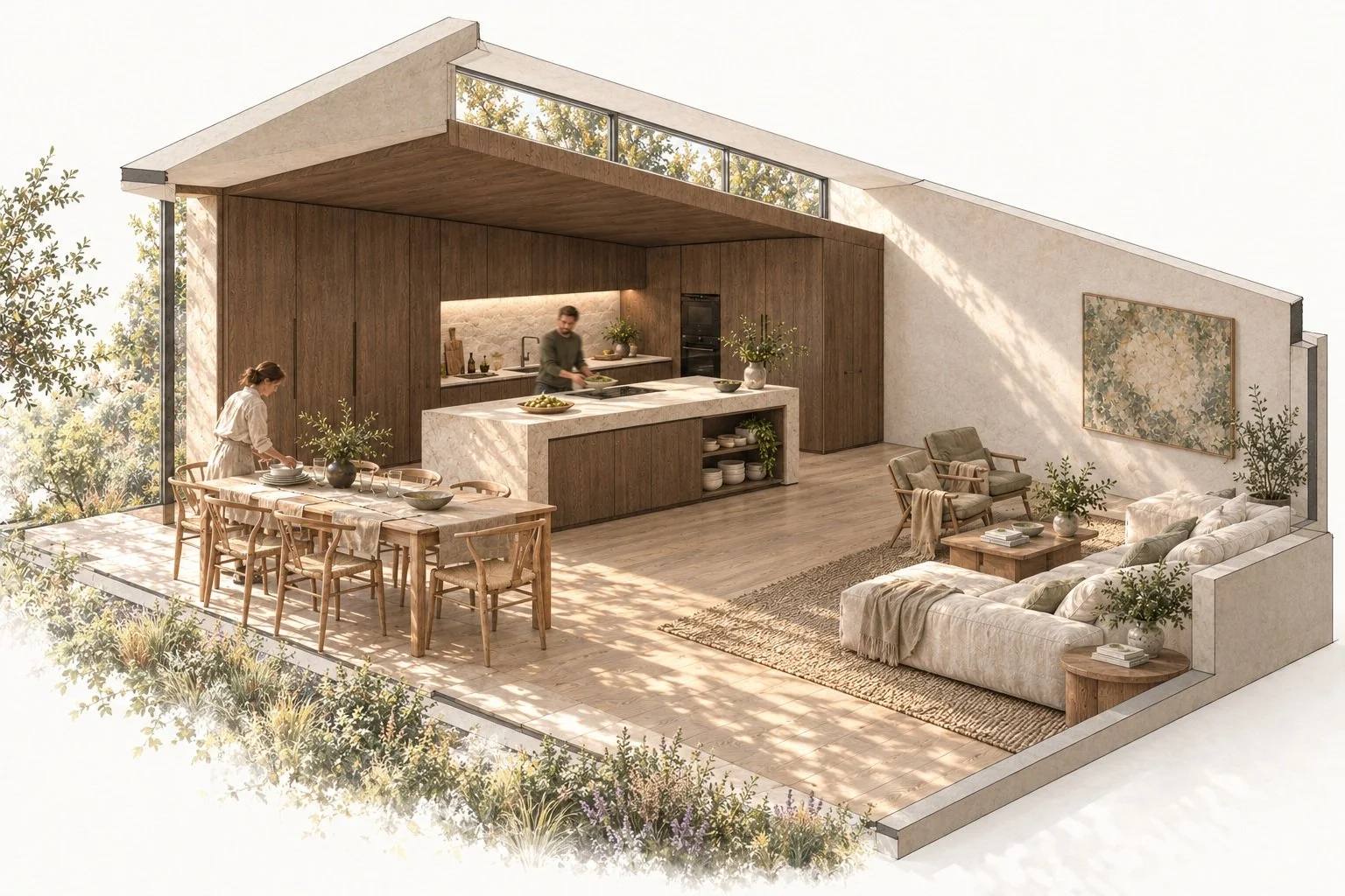 Atmospheric cutaway exploring the island, dining and living relationship beneath a lower timber kitchen ceiling.