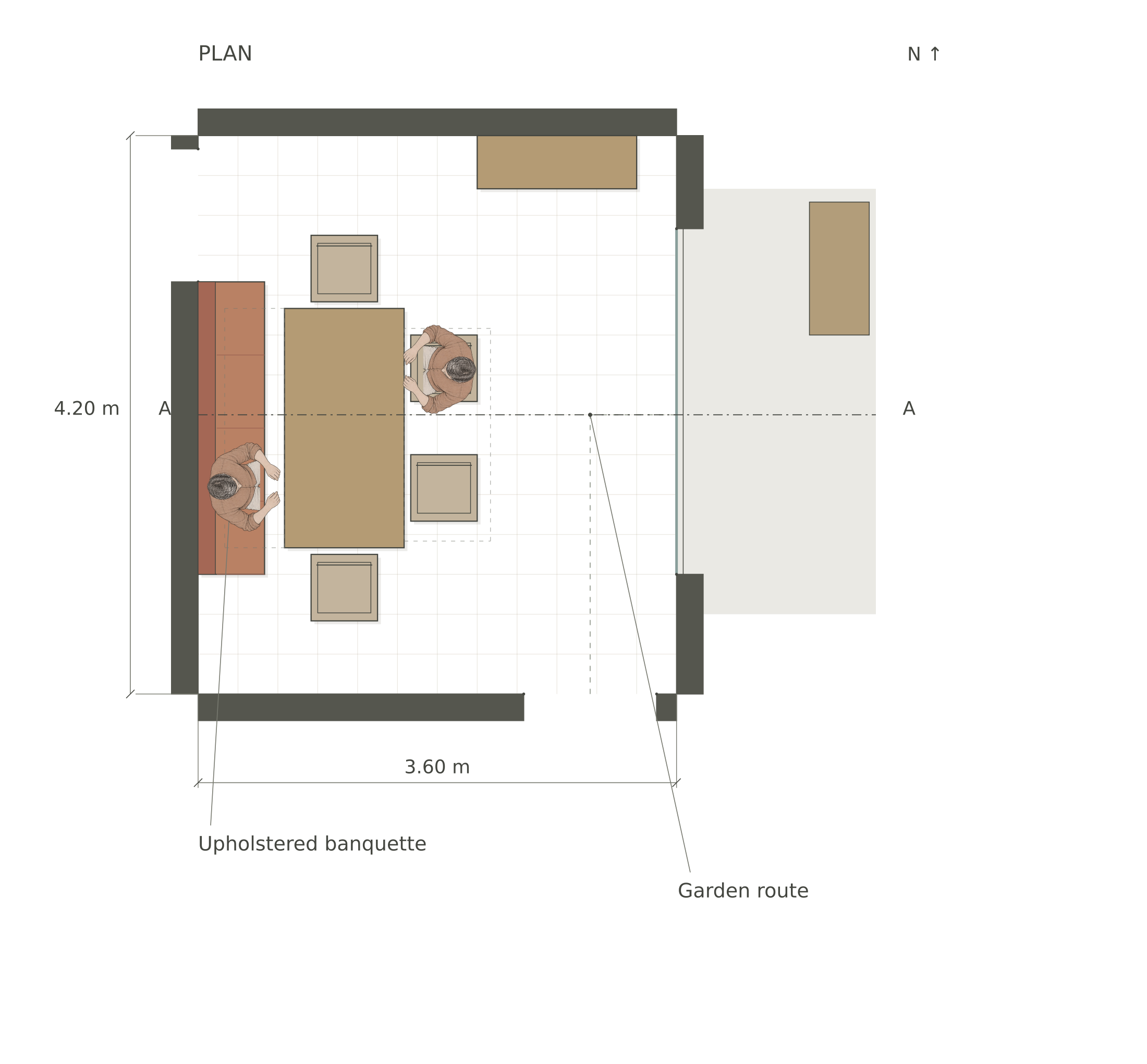 Dining furnished plan with human figures for scale