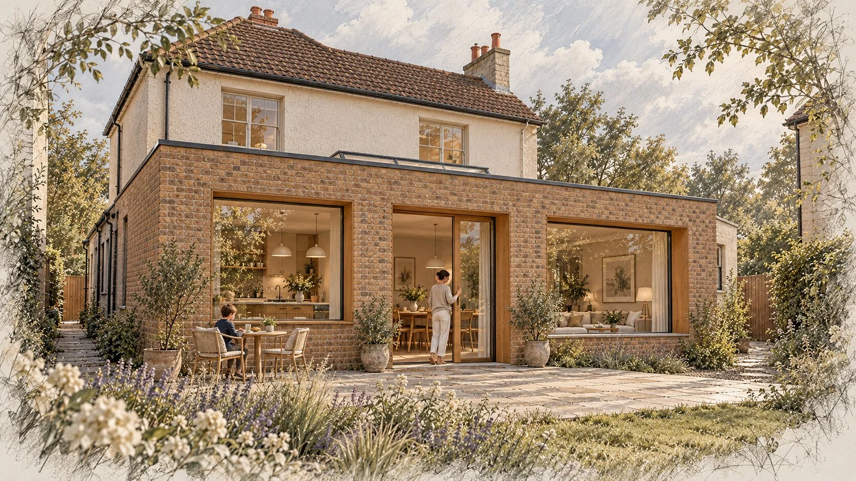 A shallow brick addition to a retained cream house, with separate kitchen, dining-door and living openings