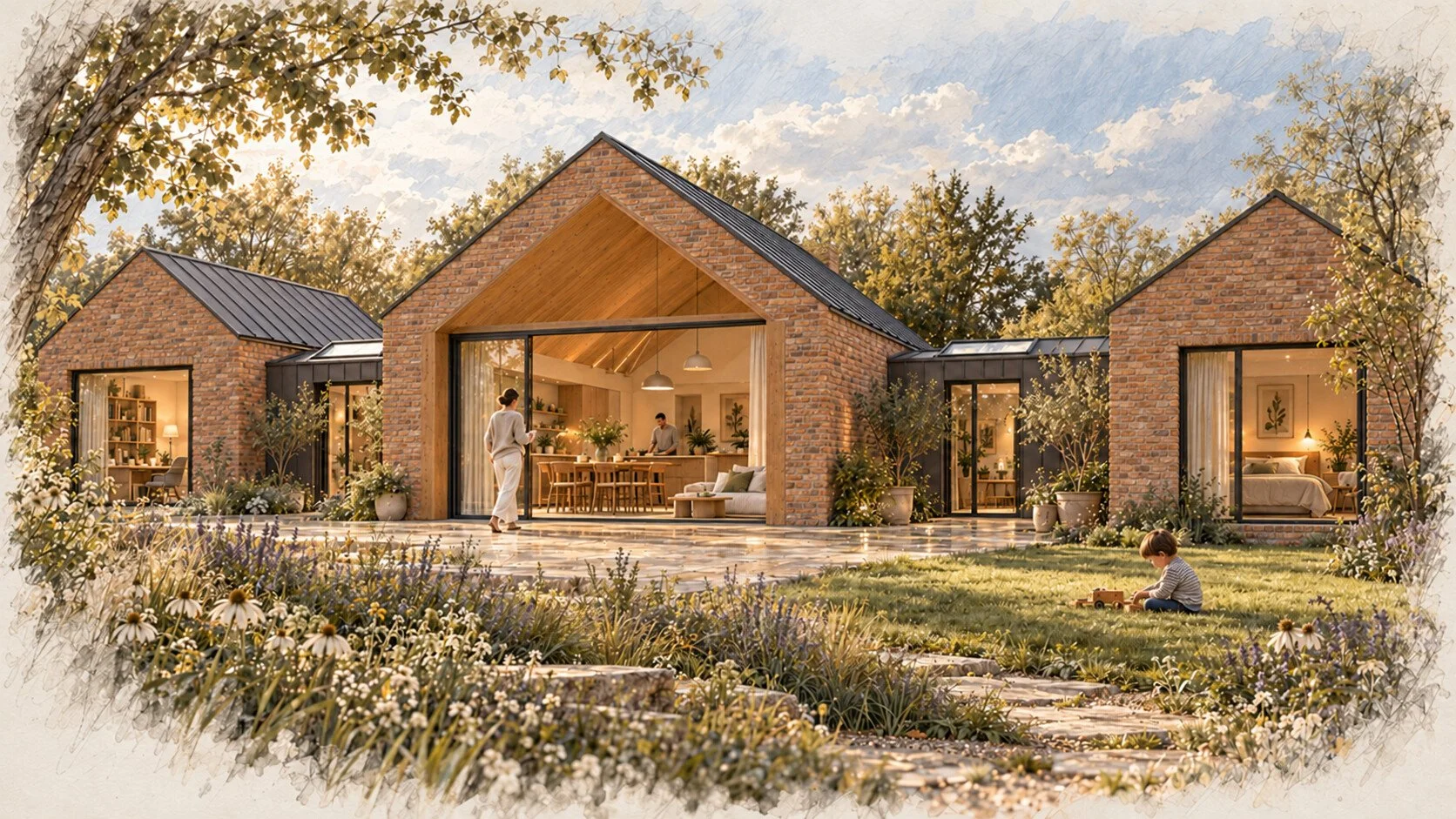 Three brick gabled room groups and enclosed links around a family garden
