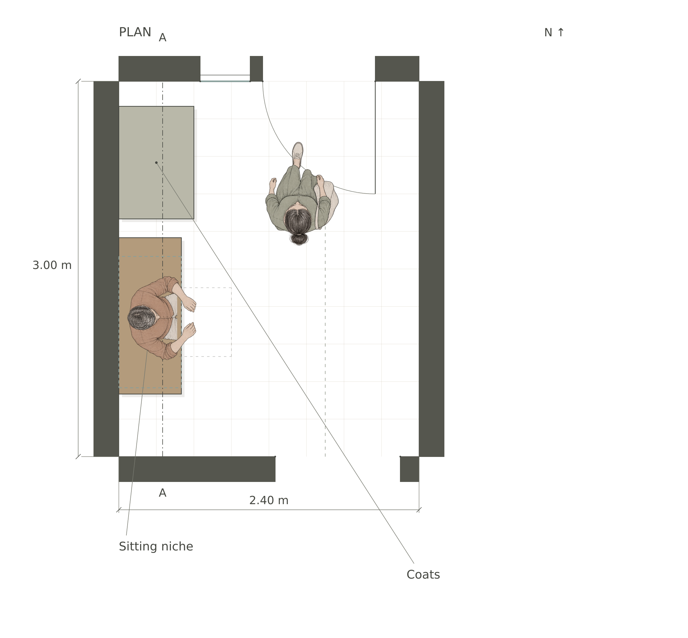 Arrival furnished plan with human figures for scale