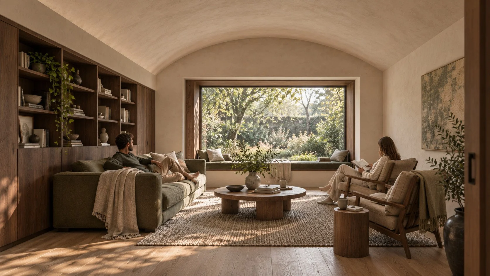 Living architectural concept: A shallow plaster vault, a dark book wall and a deep garden seat shape an enclosed room for reading and conversation.