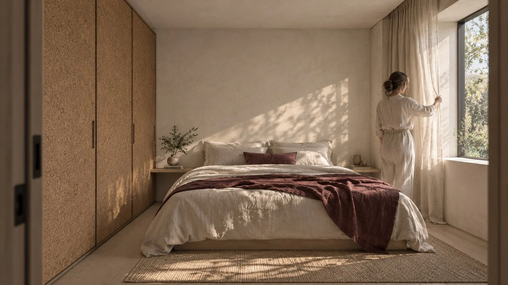 Bedroom architectural concept: A cork storage wall forms a dressing threshold before the bed, with linen softening one carefully framed garden window.