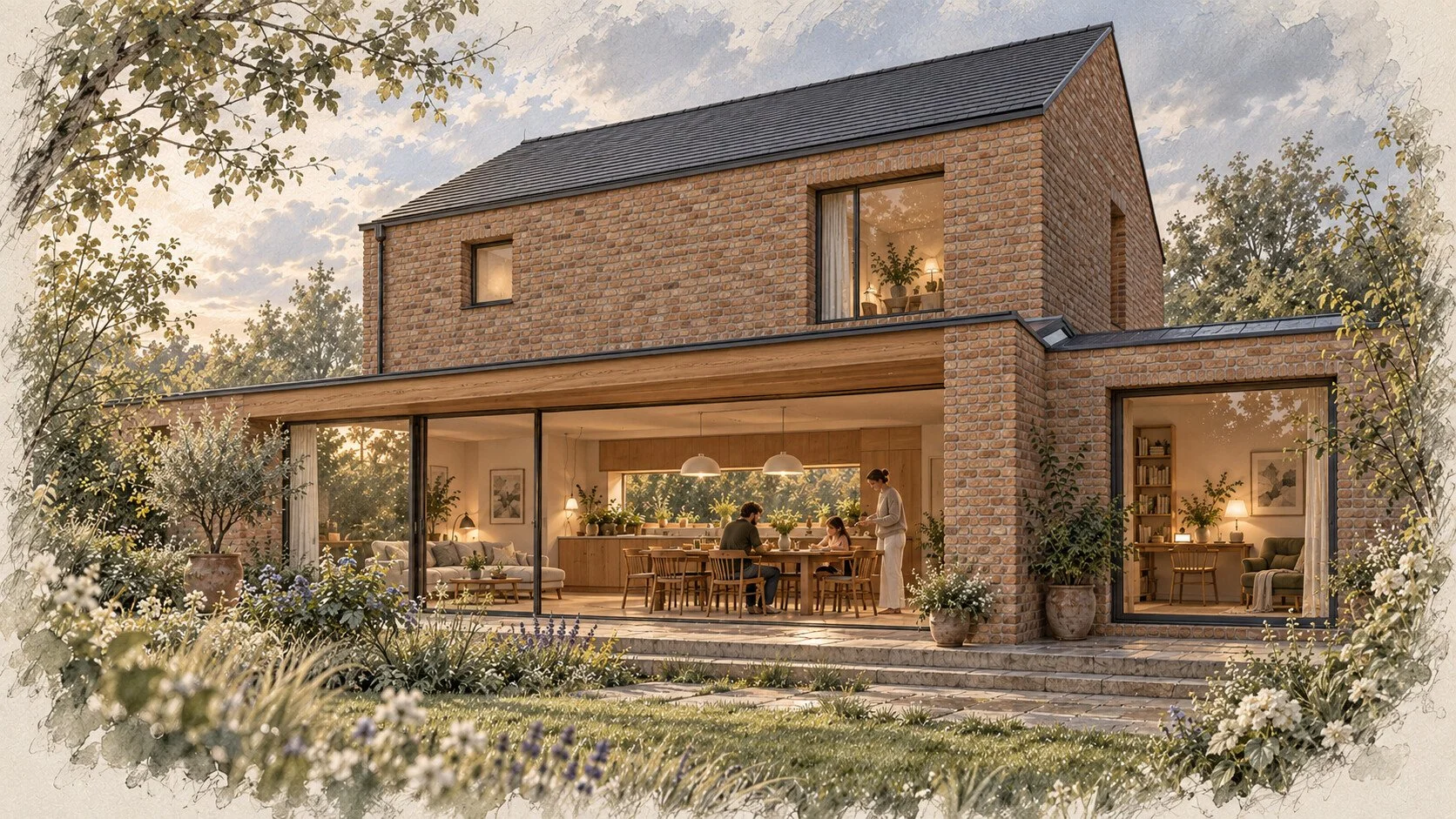 A compact two-storey brick house with a shared oak-lined garden strip and separate work room