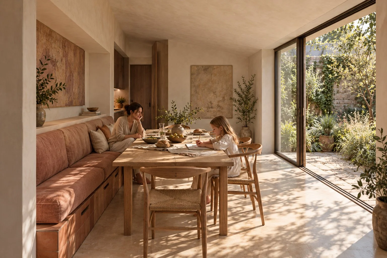 Dining architectural concept: A fixed banquette anchors the table while a rising ceiling and deep garden opening give the room its direction.