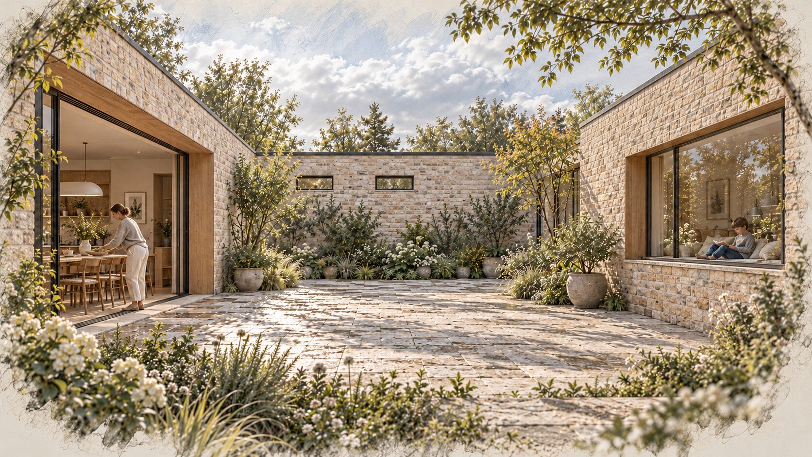 Concept view of a three-wing limestone courtyard house with a dining opening and an occupied indoor glazed window seat