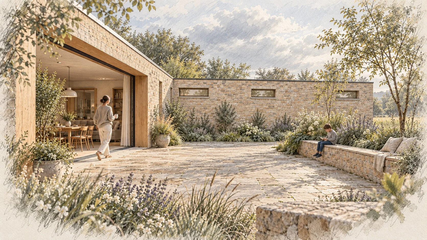 Concept view of a limestone courtyard house with a deep oak dining threshold, high privacy windows and an inhabited planted court