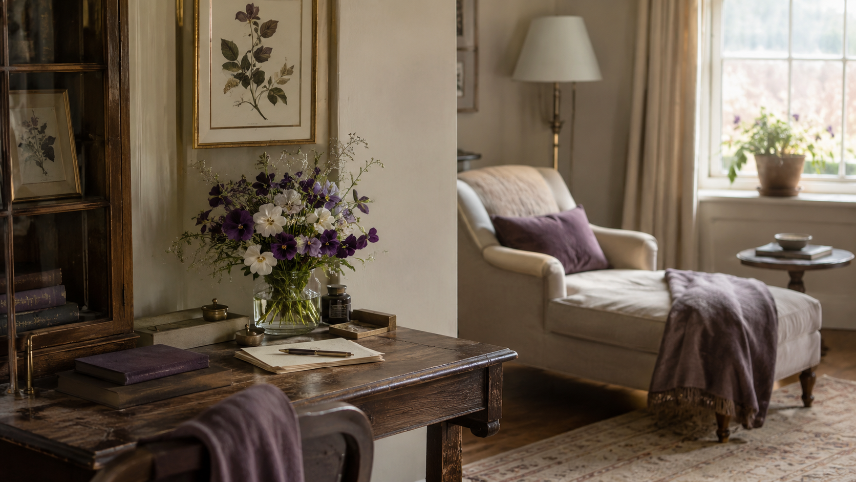 A botanical reading room designed in warm natural tones with violet accents