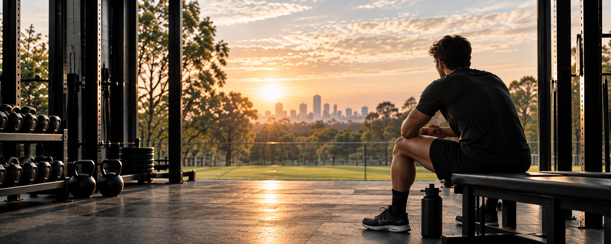 Athlete seated in a gym looking towards the city at sunrise