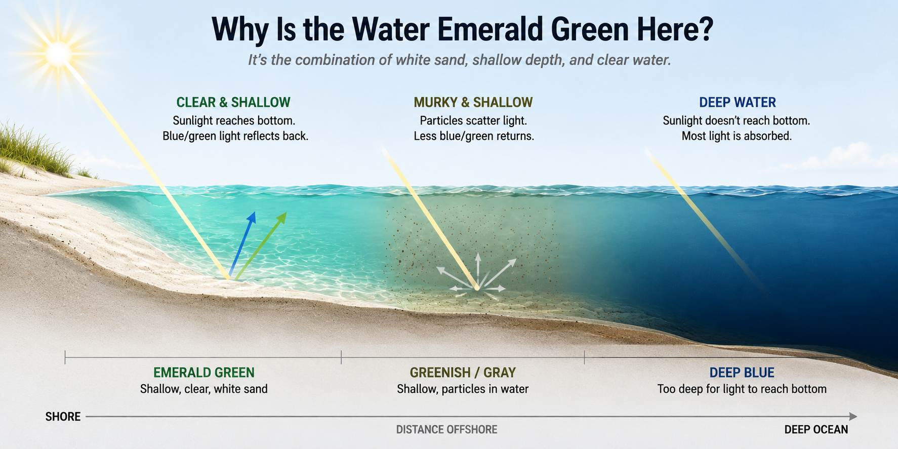 Diagram showing how white quartz sand, shallow water, and sunlight combine to create emerald water color