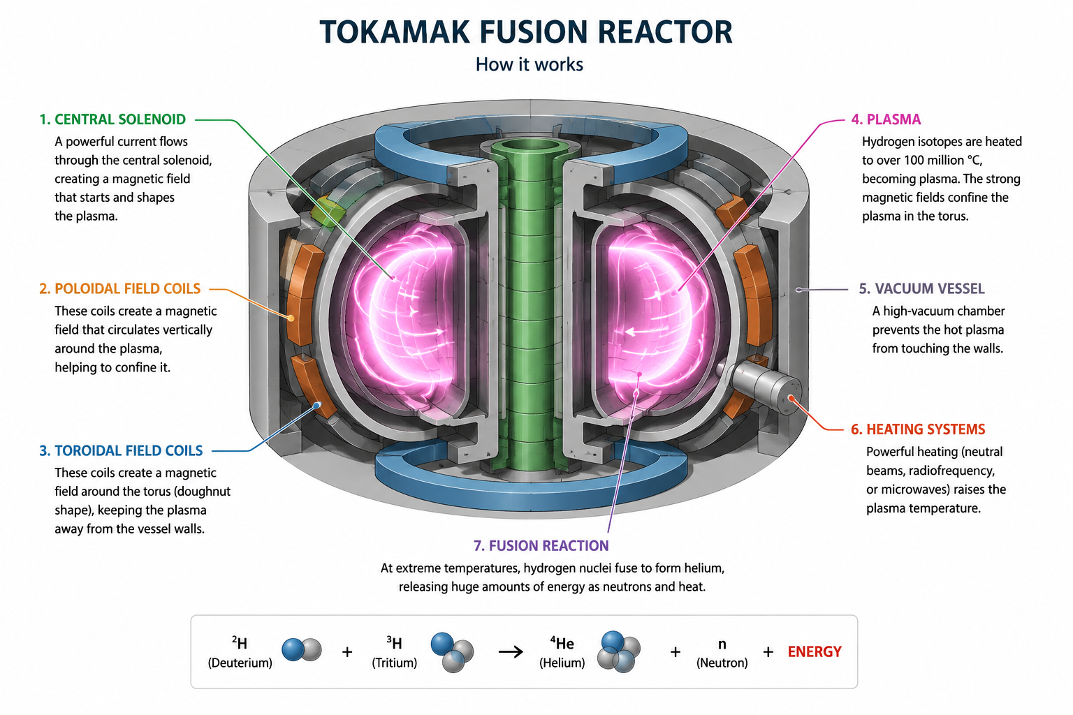 Cutaway rendering of a tokamak fusion reactor showing the plasma chamber and superconducting magnet coils