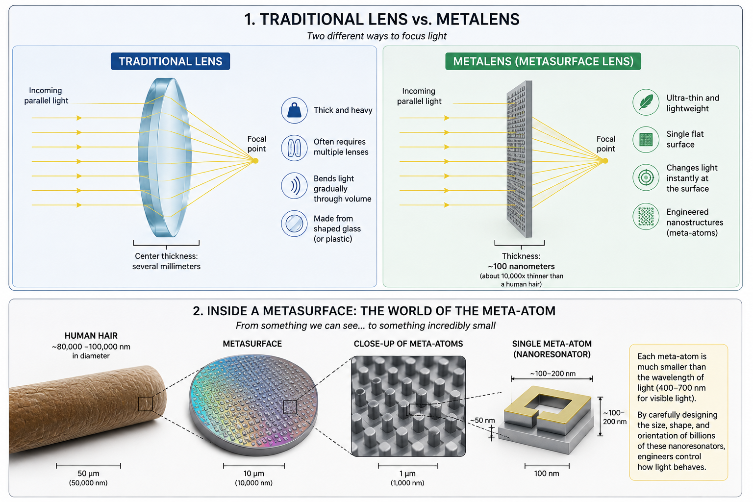Traditional lens vs. metalens comparison, and scale diagram of meta-atoms and nanoresonators