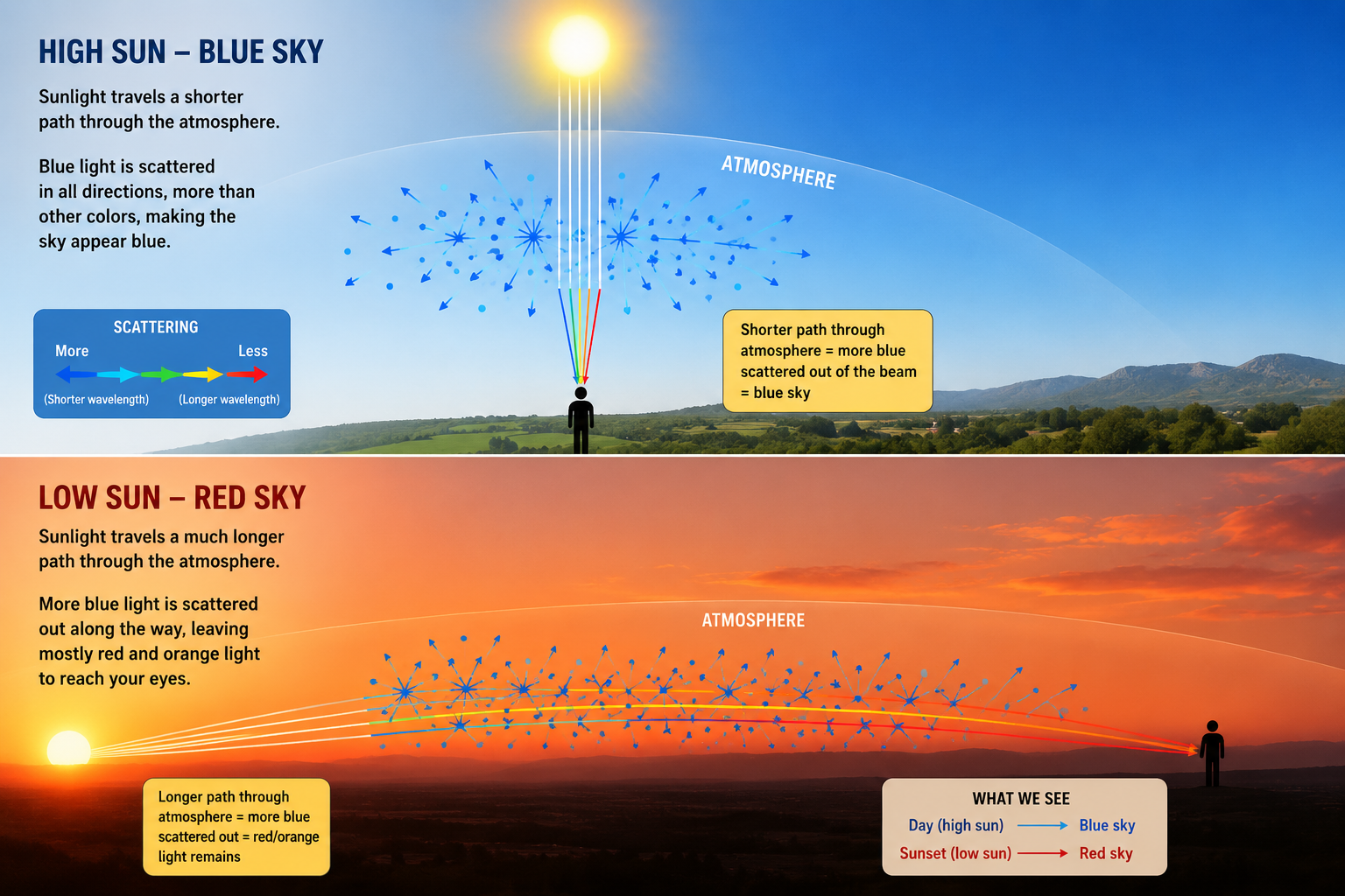 Diagram showing Rayleigh scattering: high sun produces blue sky, low sun at sunset produces red and orange sky
