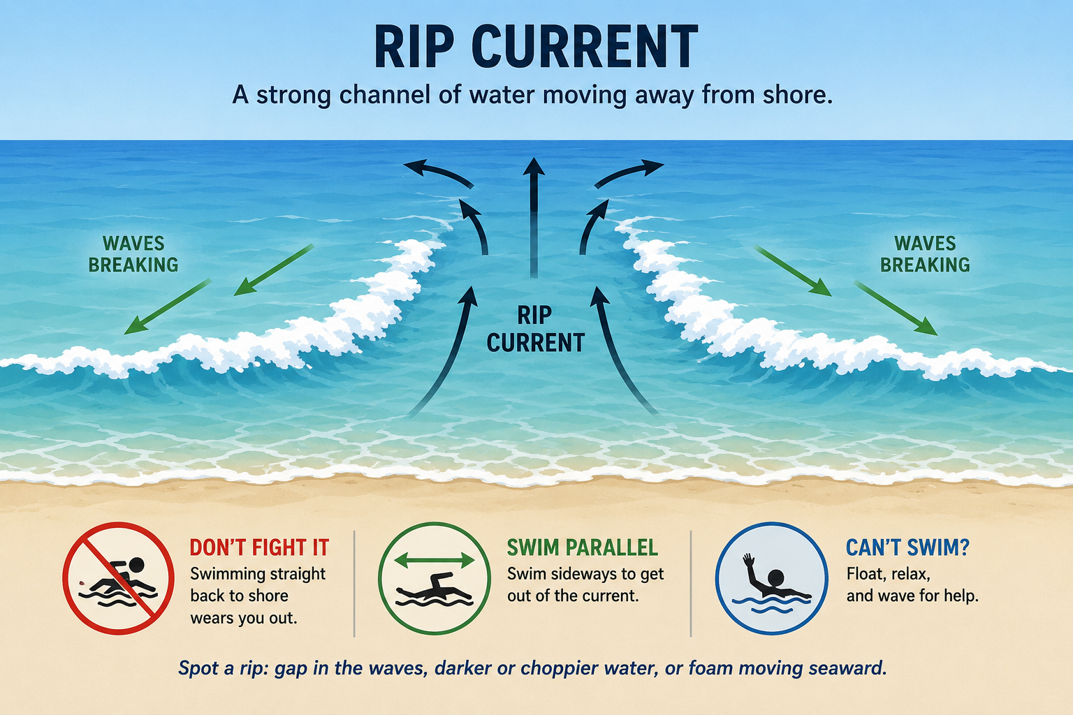 Diagram showing how a rip current forms through a gap in a sandbar and the correct escape route swimming parallel to shore