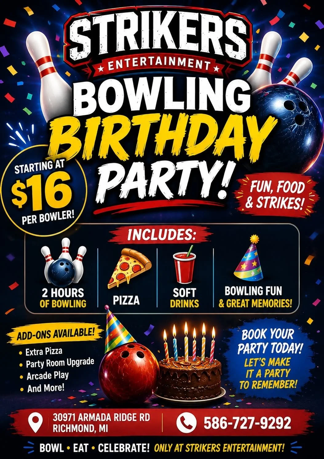 Strikers Bowling Birthday Party flyer with bowling pins, cake, pizza, and party confetti