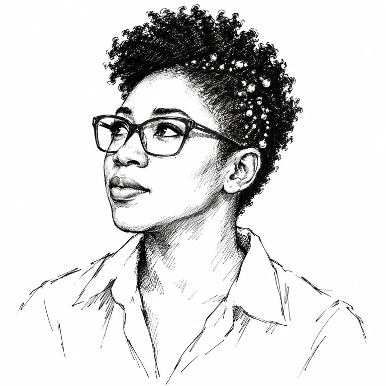 Pen-and-ink-style portrait of Joy Buolamwini