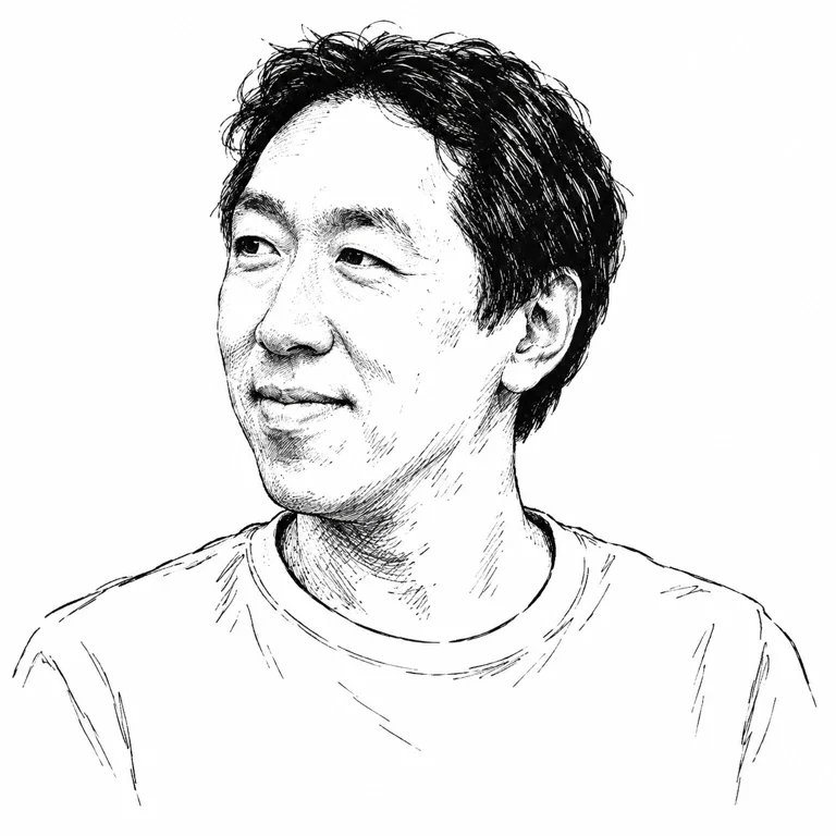 Pen-and-ink-style portrait of Andrew Ng