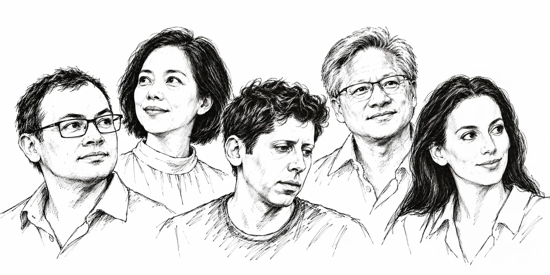 Pen-and-ink-style portraits of Demis Hassabis, Fei-Fei Li, Sam Altman, Jensen Huang and Mira Murati.