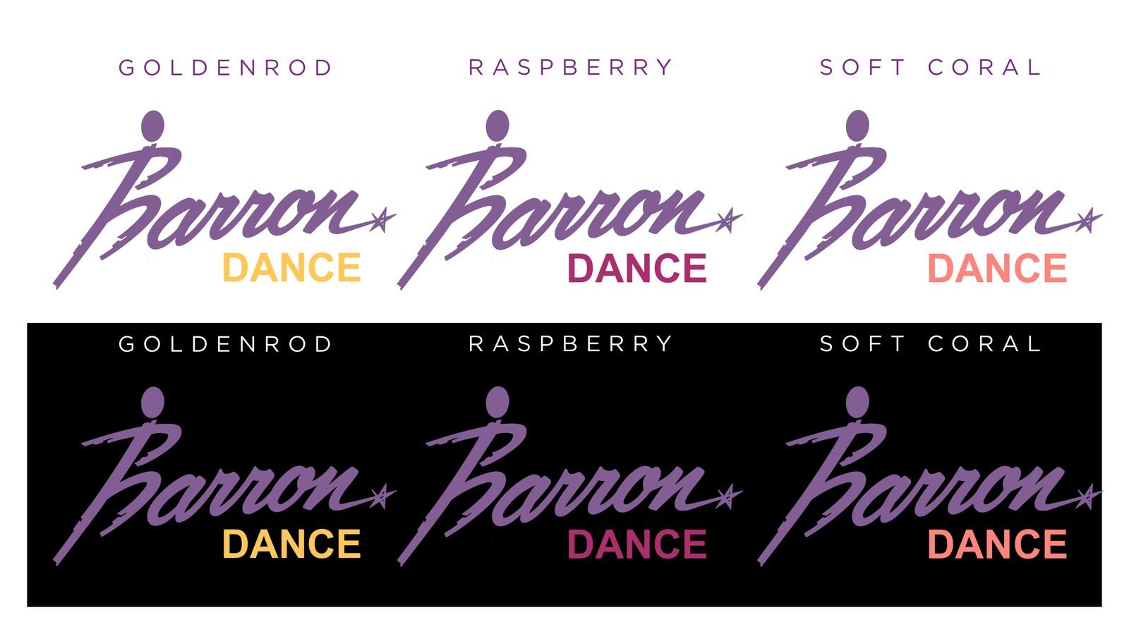 Barron Dance logo options in goldenrod, raspberry and soft coral, on white and black