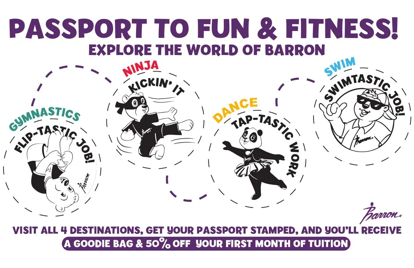 Passport to Fun and Fitness with four mascot stamps for gymnastics, ninja, dance and swim
