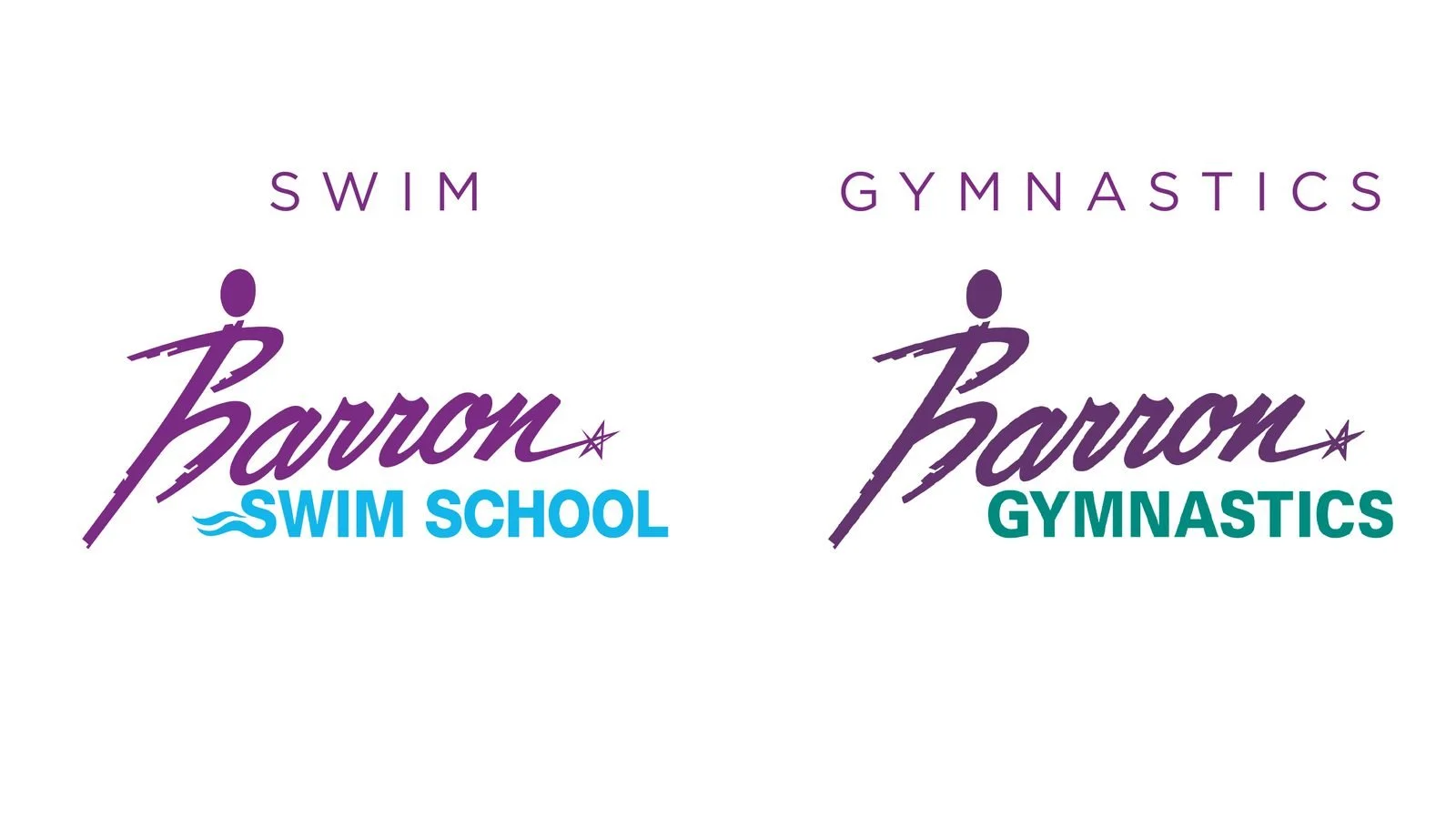 The existing Barron Swim School and Barron Gymnastics logos