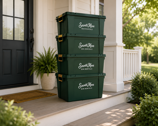 Smooth Move branded green bins stacked on a home porch