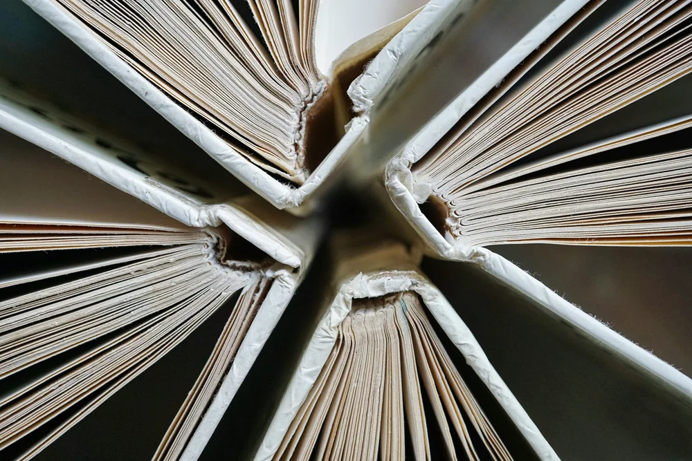 Close-up of the paper and bindings of books