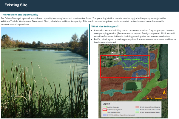 City of Timmins display board showing the existing Bob’s Lake lagoon and proposed pumping upgrades.
