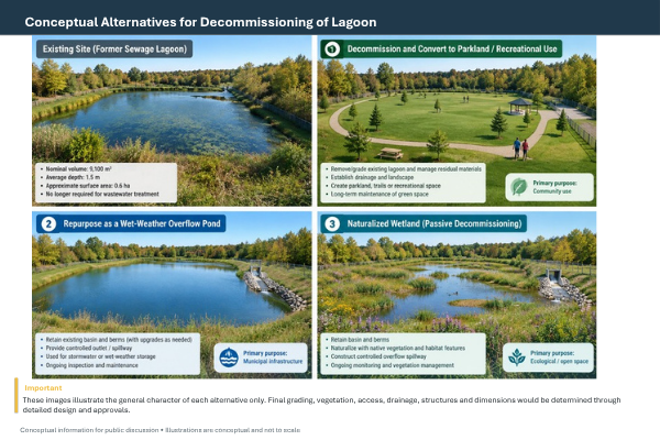 Official presentation board showing four conceptual options for decommissioning the Bob’s Lake lagoon.