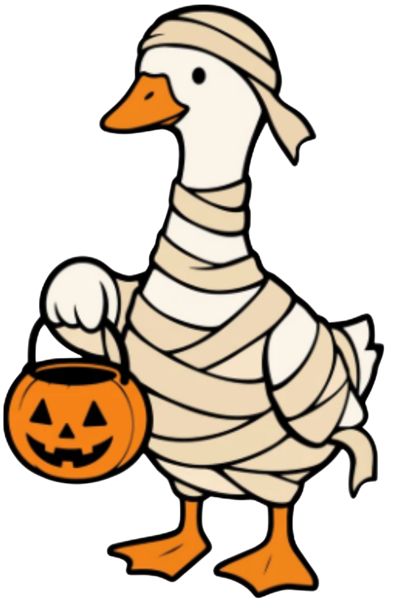 Pebbles the goose dressed as a mummy, holding a pumpkin bucket