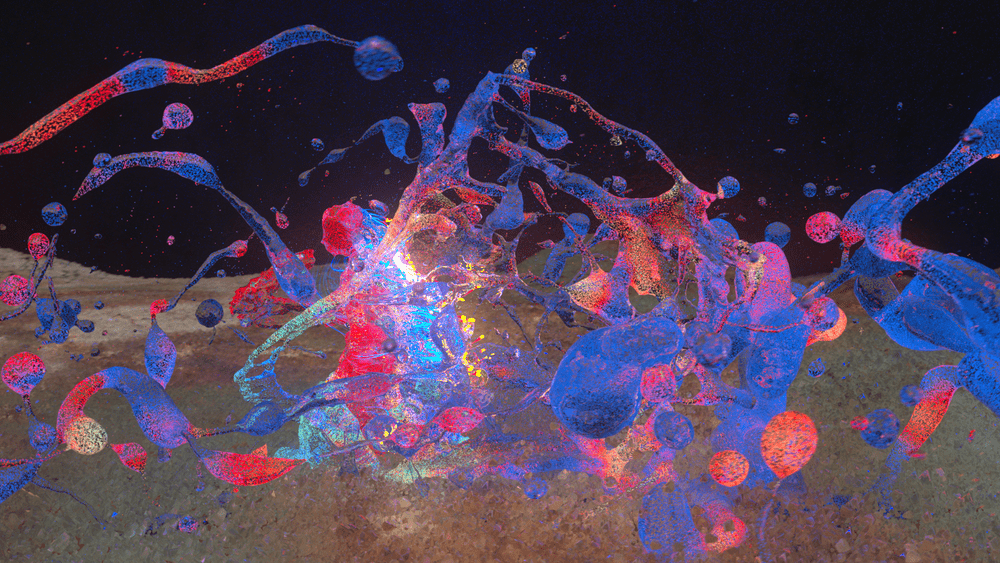 Silent, Listen — Flowing blue and red forms surrounding a luminous figure