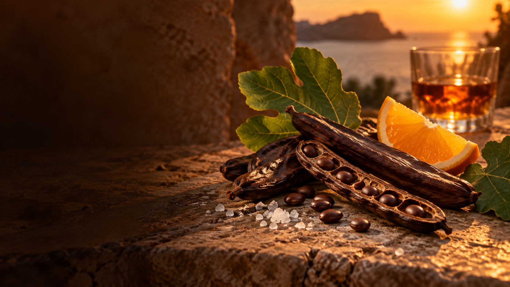 Carob pods, orange, fig leaves and sea salt in Mediterranean sunset light