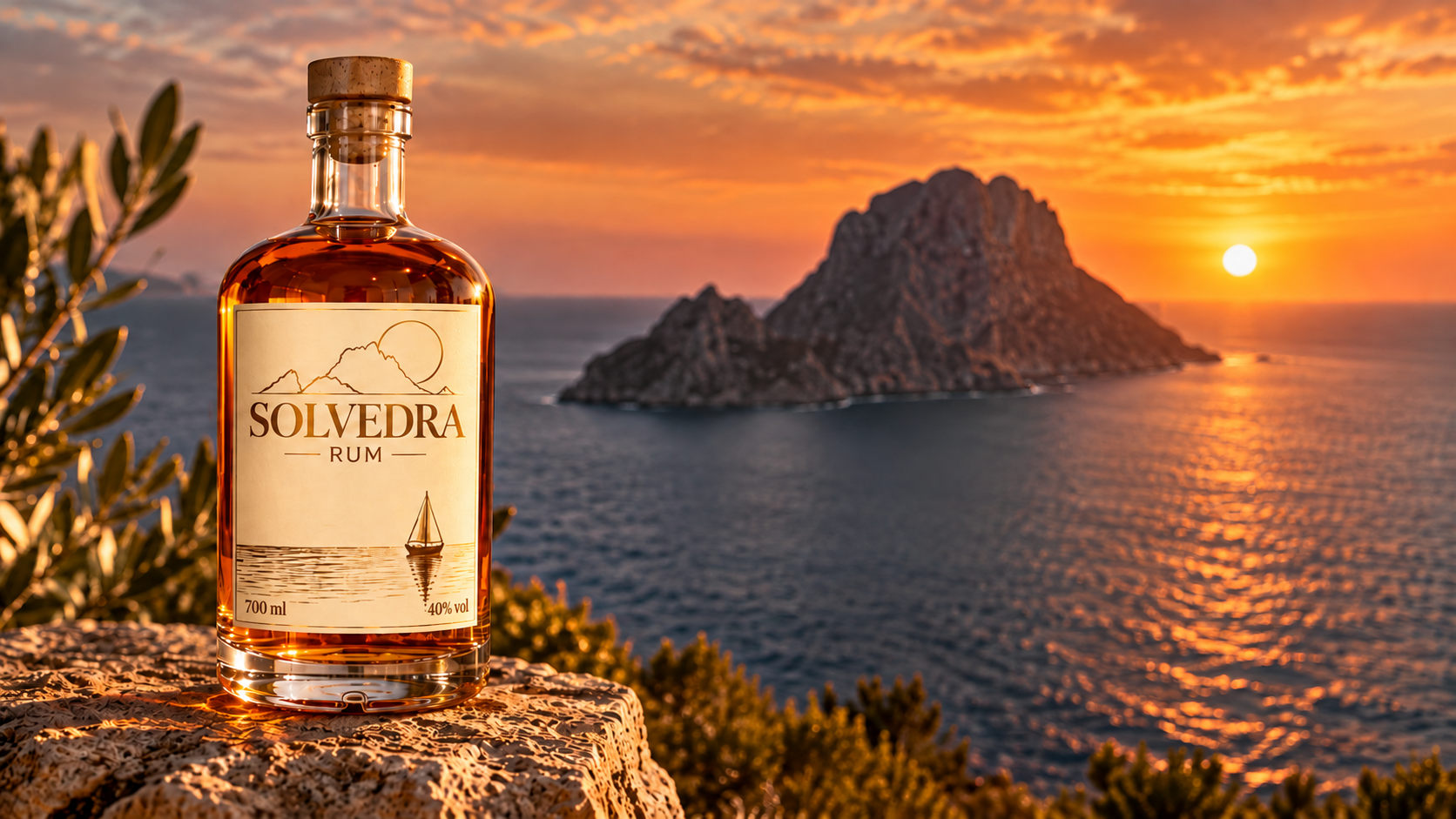 Solvedra rum bottle in the golden light of Ibiza