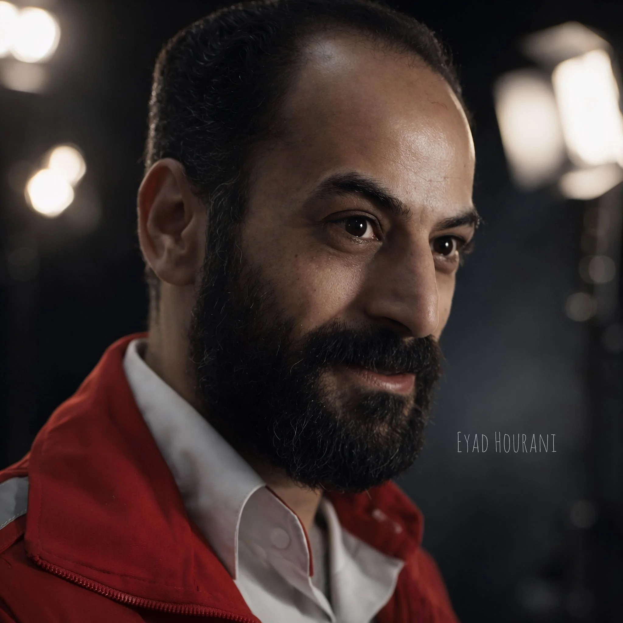 Close-up of Eyad Hourani in a red jacket