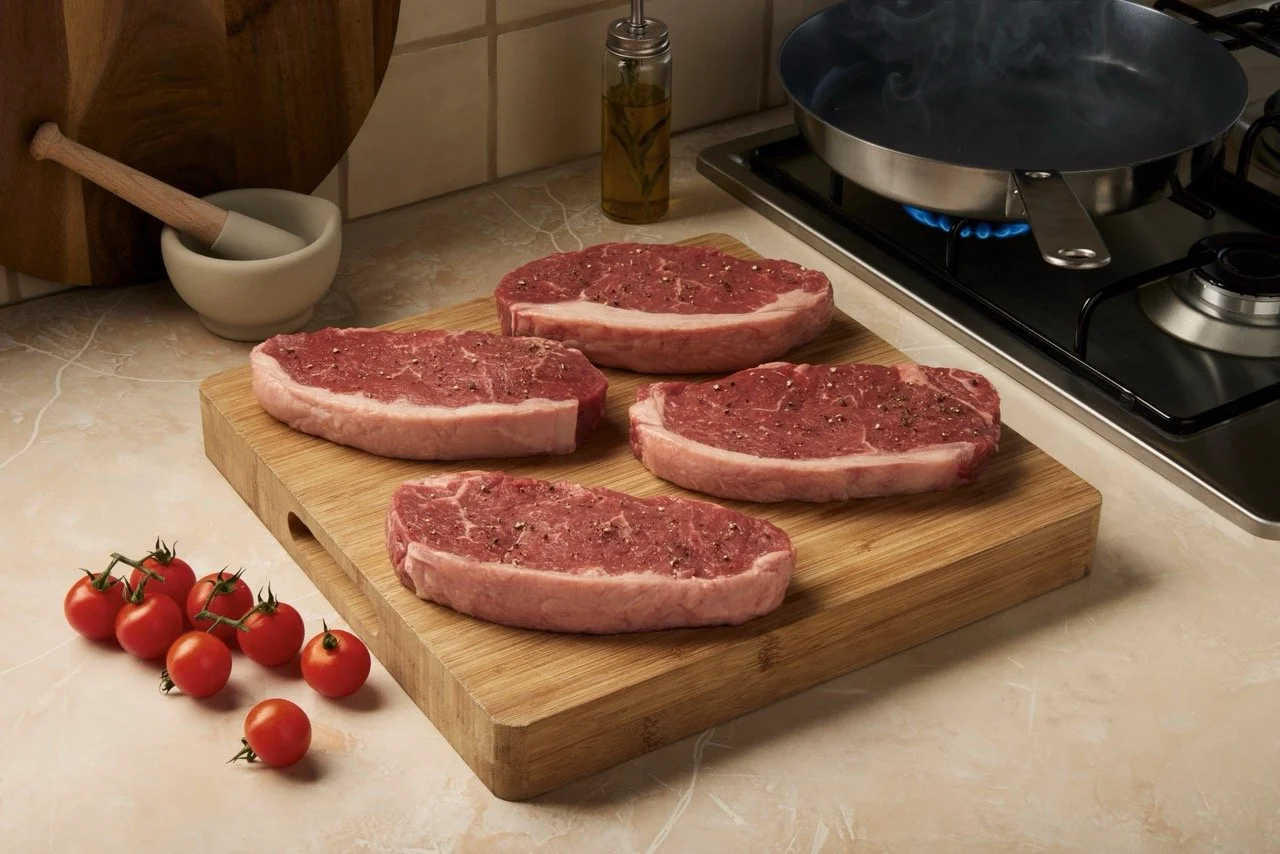 Sainsbury's Taste the Difference steaks on a wooden board — product photography