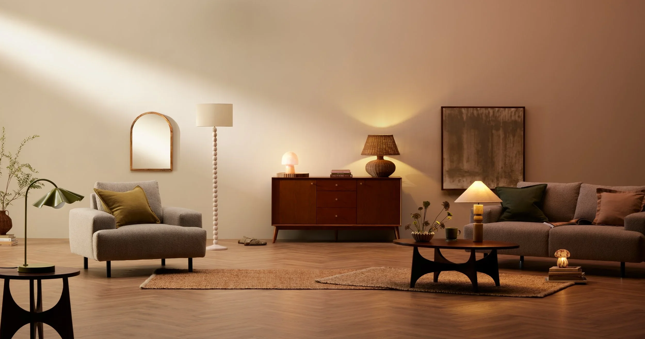 Argos 40ft built room set photographed as one continuous wide day-to-night image for an Instagram carousel