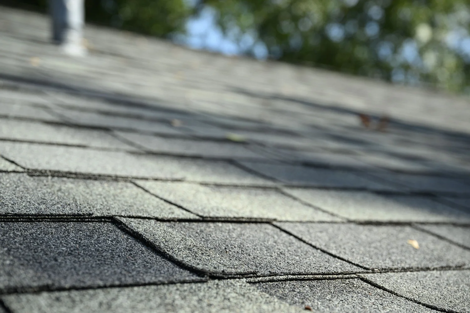 Close-up of overlapping grey asphalt shingle tabs on a roof