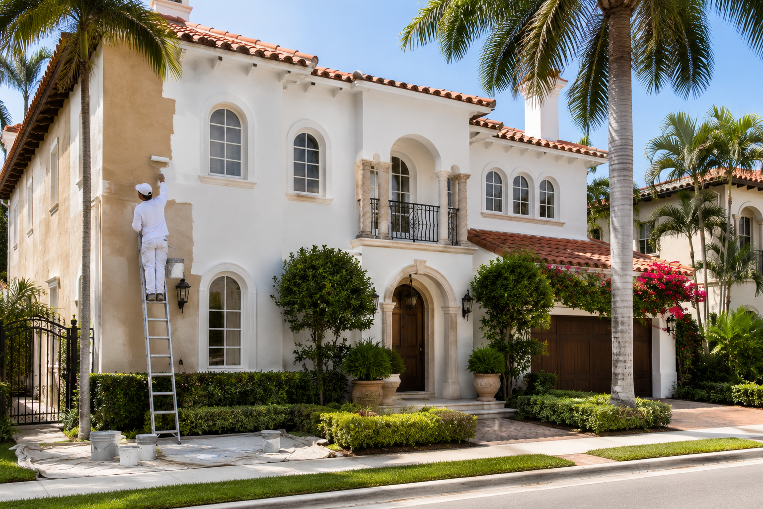 Exterior house painting on a Mediterranean Revival home in Coral Gables, FL by Vinicio Painting