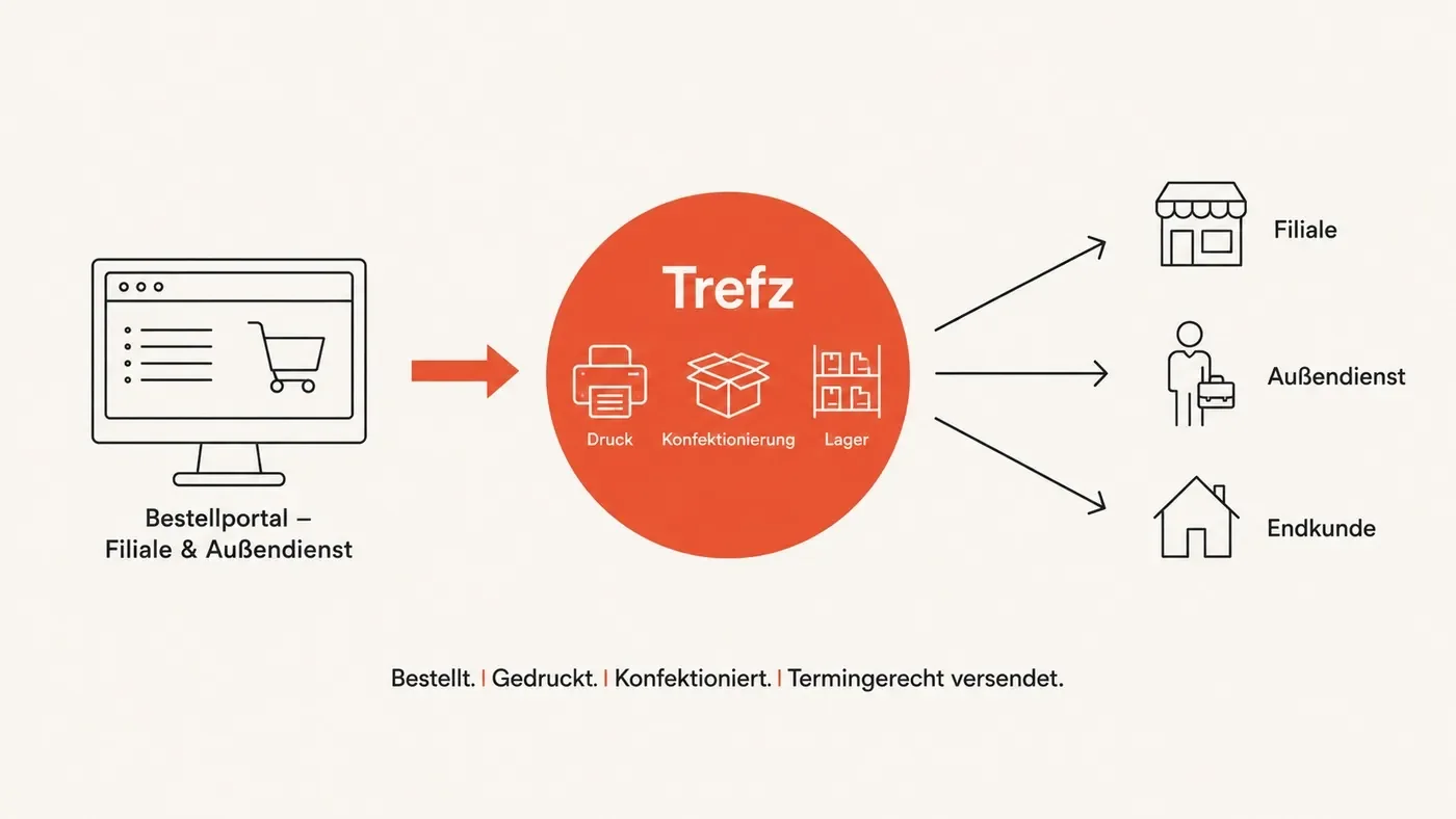 Filialen und Außendienst bestellen über ein Portal; Trefz druckt, konfektioniert, lagert und versendet termingerecht an Filiale, Außendienst und Endkunde.